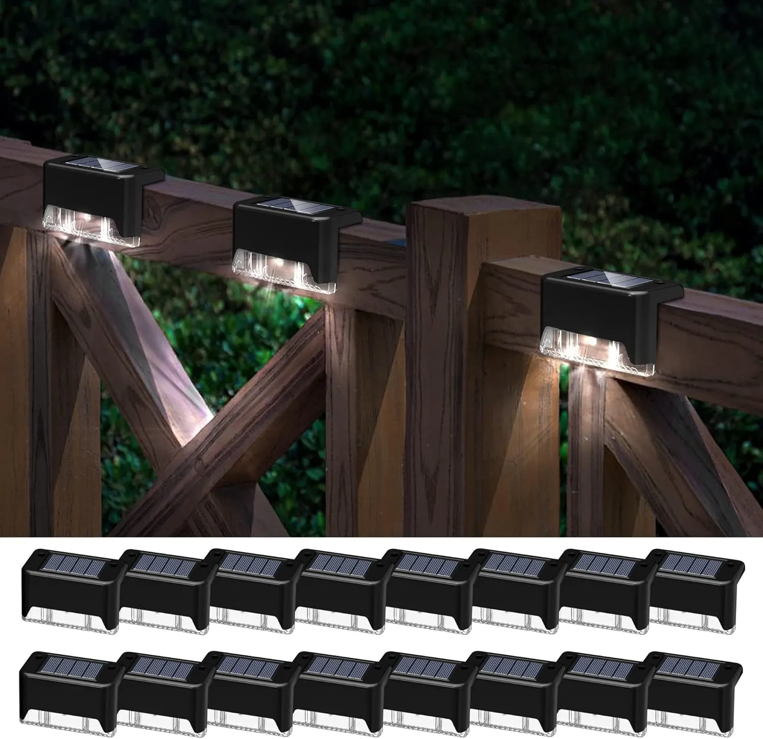 Pearlstar Solar Deck Lights - 16 Waterproof LED Solar Step Lights for Deck, Stairs, Yard, Patio, and Pathway (White, Black)