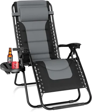 PHI VILLA Outdoor Patio Padded Zero Gravity Chair, Foldable Patio Recliner, 26" Wide Seat Anti Gravity Lounger with Cup Holder, Support 350 LBS (Grey)