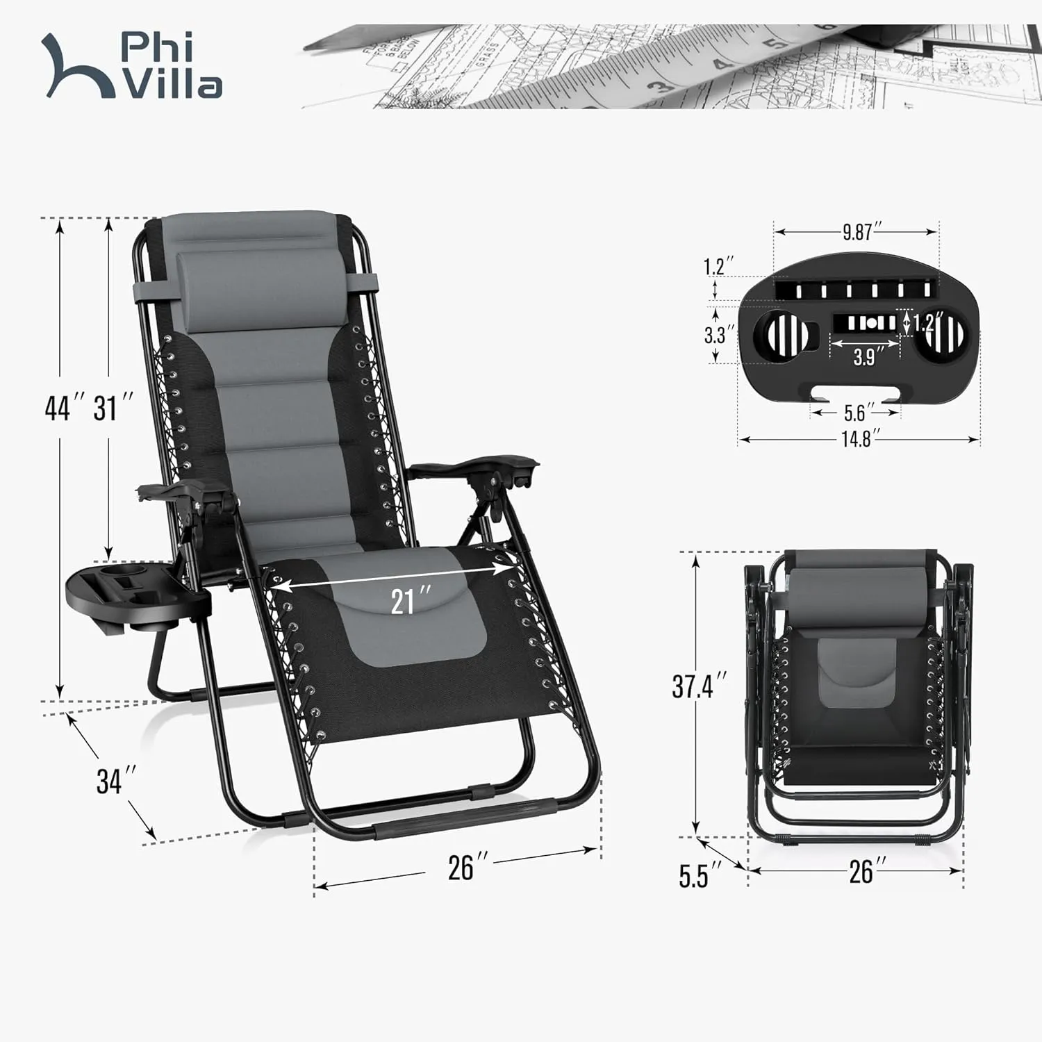 PHI VILLA Outdoor Patio Padded Zero Gravity Chair, Foldable Patio Recliner, 26" Wide Seat Anti Gravity Lounger with Cup Holder, Support 350 LBS (Grey)