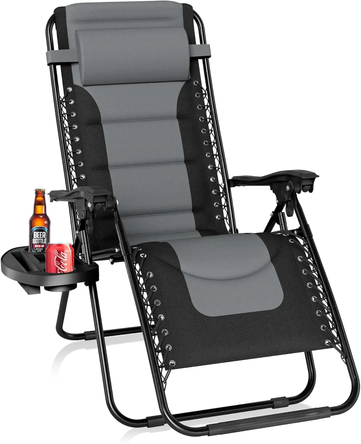 PHI VILLA Outdoor Patio Padded Zero Gravity Chair, Foldable Patio Recliner, 26" Wide Seat Anti Gravity Lounger with Cup Holder, Support 350 LBS (Grey)