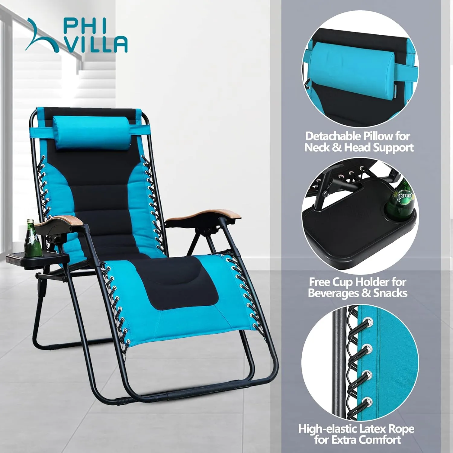 PHI VILLA Oversize Zero Gravity Chair, Padded XL Patio Recliner Lounge Chair with Free Cup Holder,Support 350 LBS (Aqua)