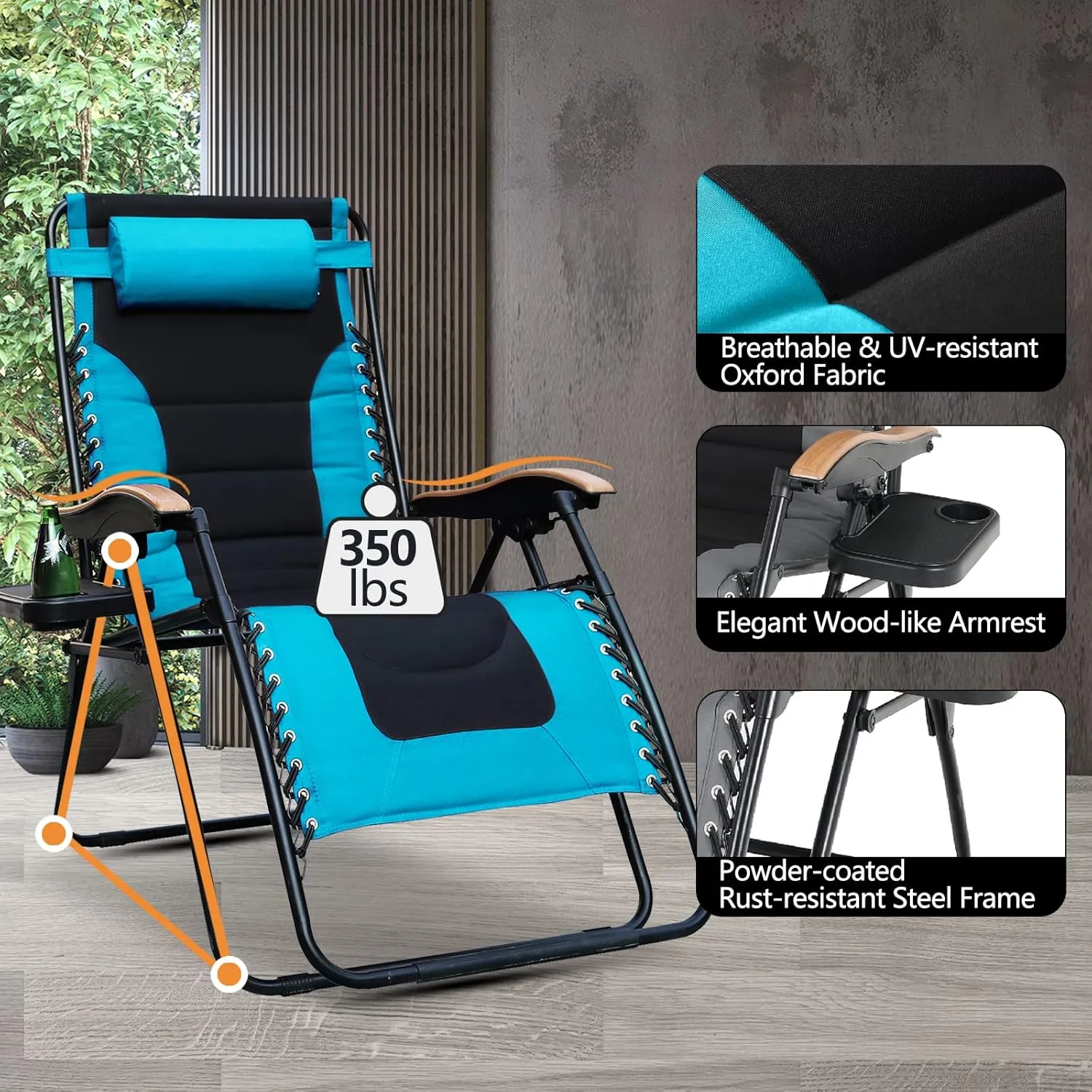 PHI VILLA Oversize Zero Gravity Chair, Padded XL Patio Recliner Lounge Chair with Free Cup Holder,Support 350 LBS (Aqua)