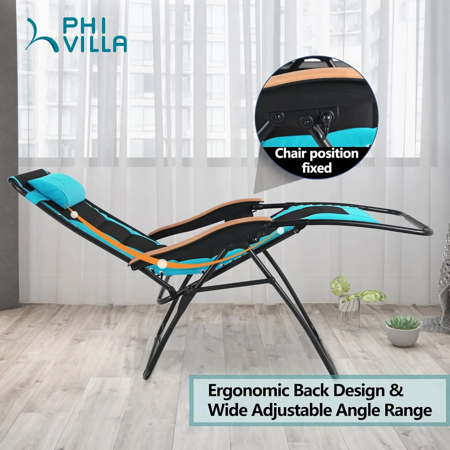 PHI VILLA Oversize Zero Gravity Chair, Padded XL Patio Recliner Lounge Chair with Free Cup Holder,Support 350 LBS (Aqua)