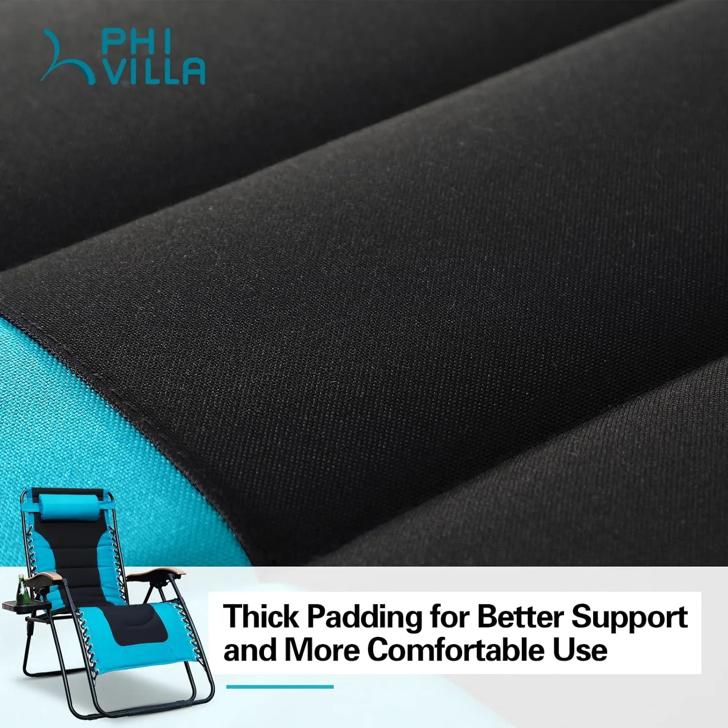 PHI VILLA Oversize Zero Gravity Chair, Padded XL Patio Recliner Lounge Chair with Free Cup Holder,Support 350 LBS (Aqua)
