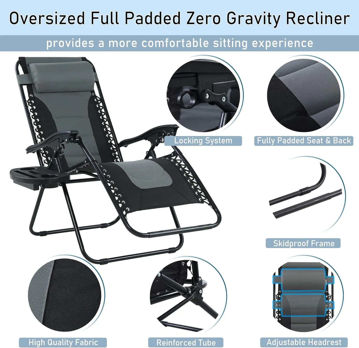 PHI VILLA Set of 2 Padded Zero Gravity Lounge Chair Oversized Folding Patio Recliner with Adjustable Headrest & Cup Holder, Support 350 LBS(Grey)