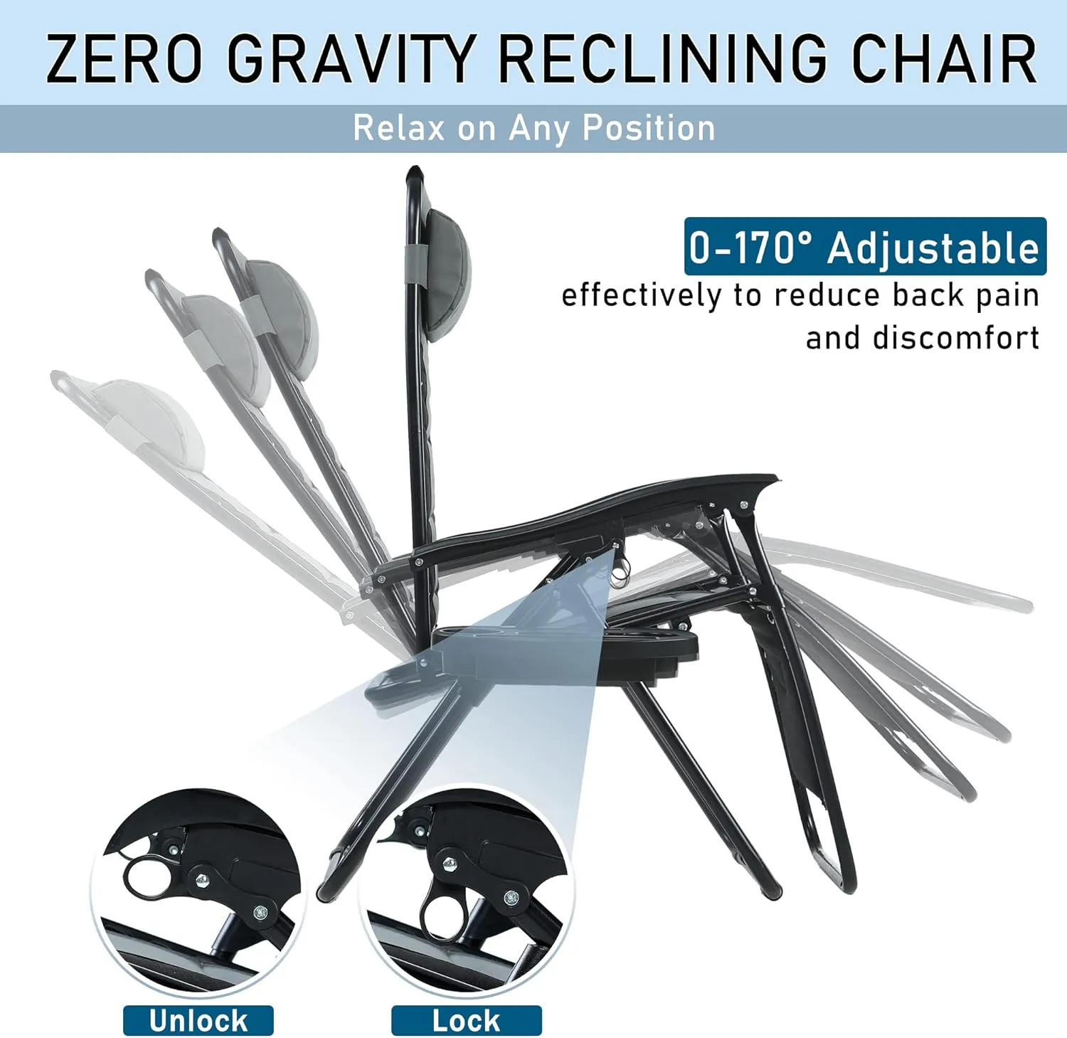 PHI VILLA Set of 2 Padded Zero Gravity Lounge Chair Oversized Folding Patio Recliner with Adjustable Headrest & Cup Holder, Support 350 LBS(Grey)