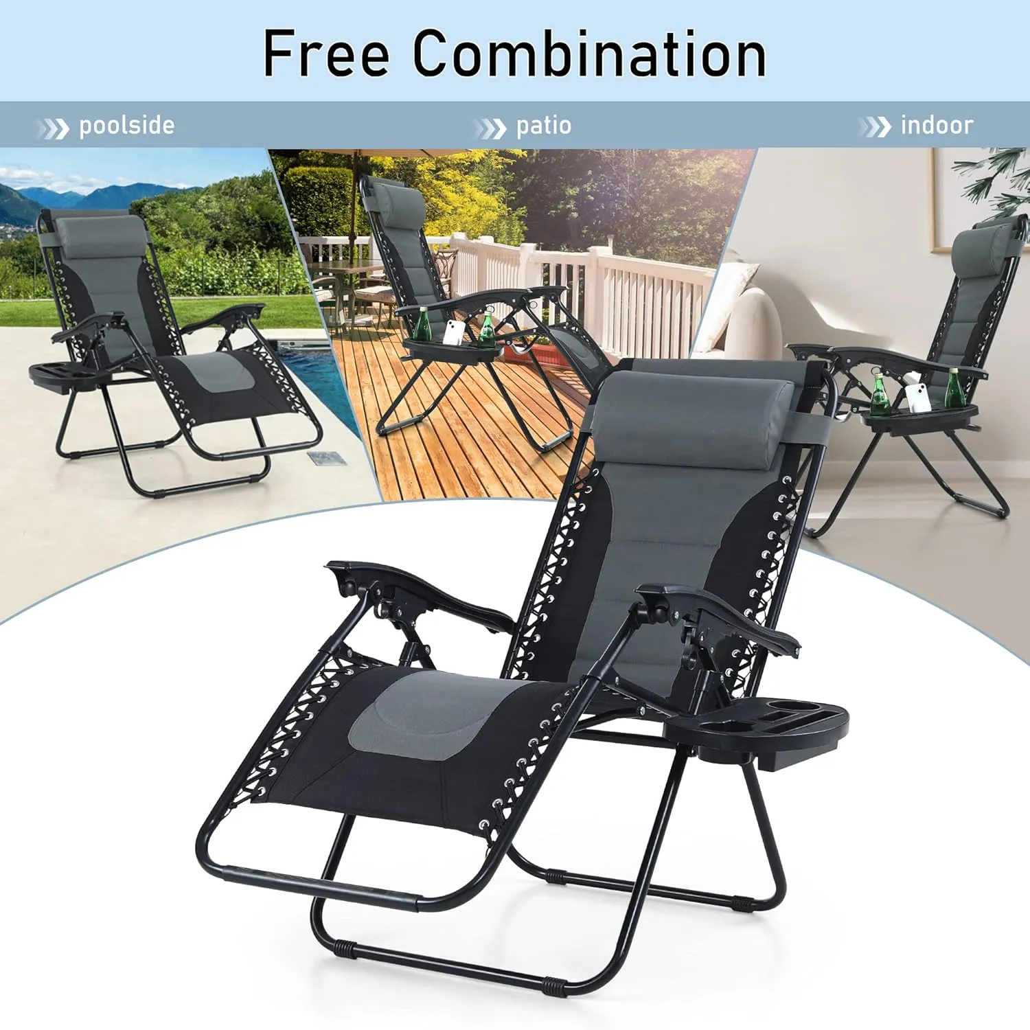 PHI VILLA Set of 2 Padded Zero Gravity Lounge Chair Oversized Folding Patio Recliner with Adjustable Headrest & Cup Holder, Support 350 LBS(Grey)