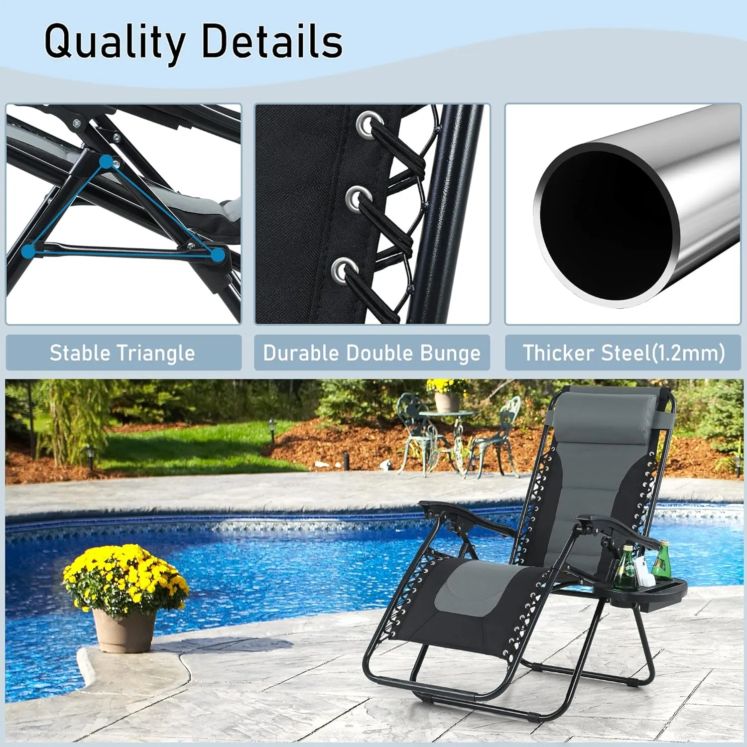 PHI VILLA Set of 2 Padded Zero Gravity Lounge Chair Oversized Folding Patio Recliner with Adjustable Headrest & Cup Holder, Support 350 LBS(Grey)