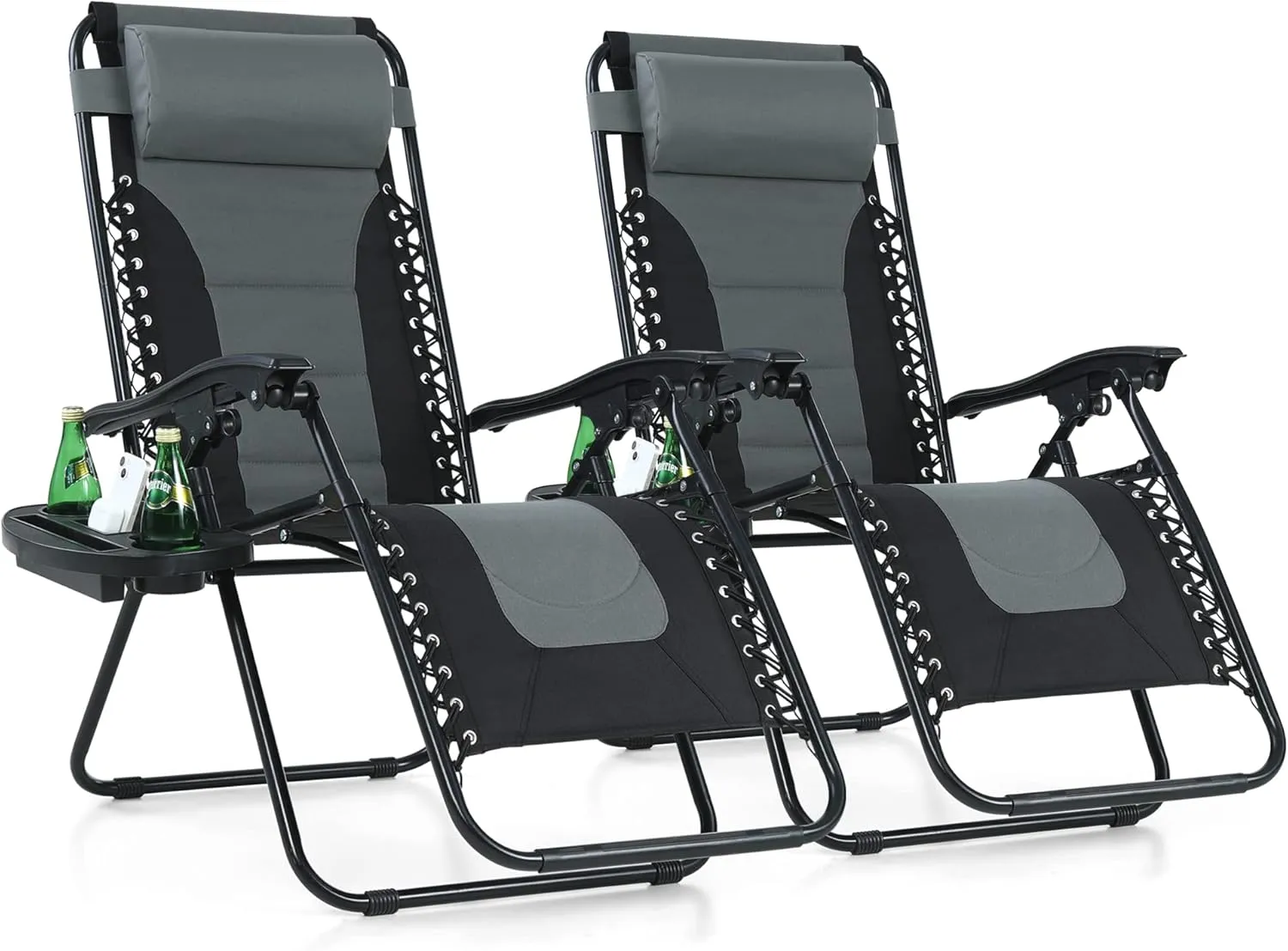 PHI VILLA Set of 2 Padded Zero Gravity Lounge Chair Oversized Folding Patio Recliner with Adjustable Headrest & Cup Holder, Support 350 LBS(Grey)