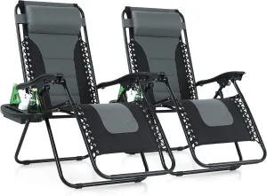 PHI VILLA Set of 2 Padded Zero Gravity Lounge Chair Oversized Folding Patio Recliner with Adjustable Headrest & Cup Holder, Support 350 LBS(Grey)