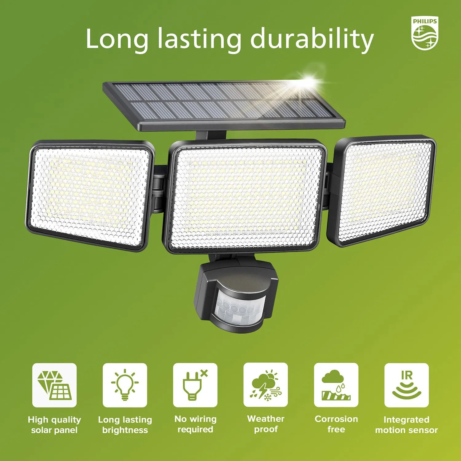 Philips Solar Security Light Outdoor Light 302 LEDs 1200lm，Solar-Powered Waterproof Wall-Mounted Flood Light w/PIR Motion Sensor, 3 Heads, IP65 Waterproof, 3 Modes (1 Pack)