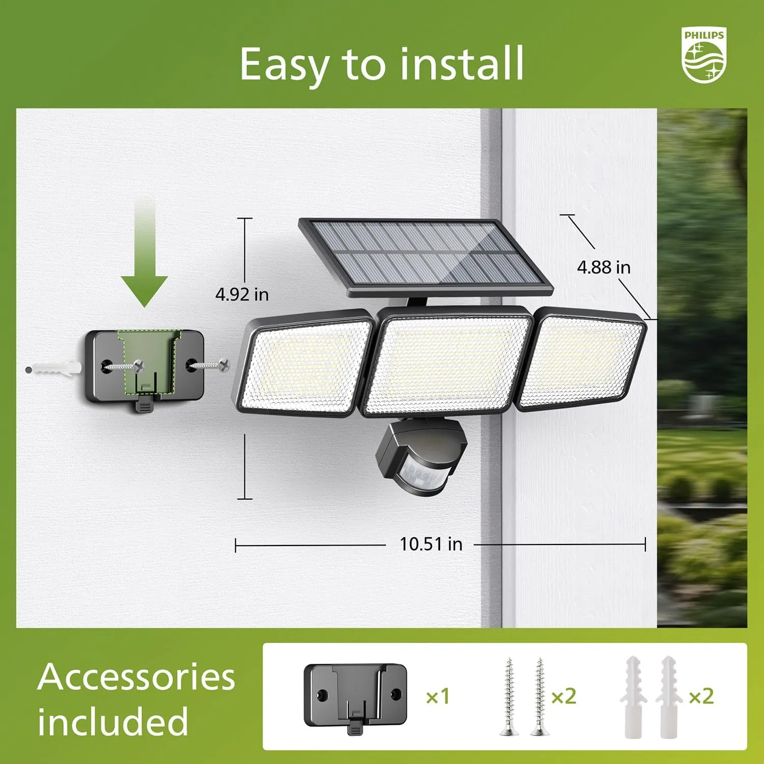 Philips Solar Security Light Outdoor Light 302 LEDs 1200lm，Solar-Powered Waterproof Wall-Mounted Flood Light w/PIR Motion Sensor, 3 Heads, IP65 Waterproof, 3 Modes (1 Pack)