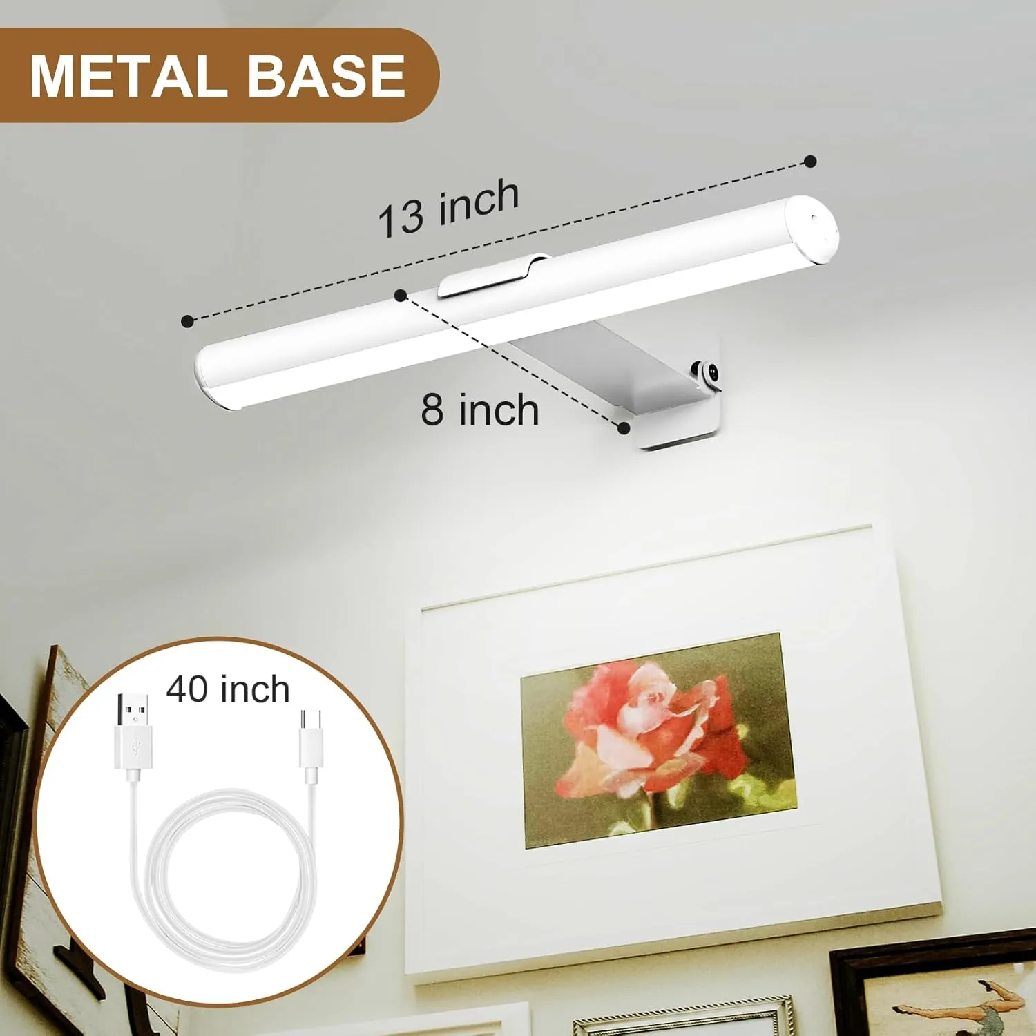 Picture Light, Rechargeable Wall Lights 4000m Ahbattery Powered Wall Light, suse forart Lighting for Paintings, Gallery Wall Light 300 lumens, Dimmable and Timer Off Art Display Light