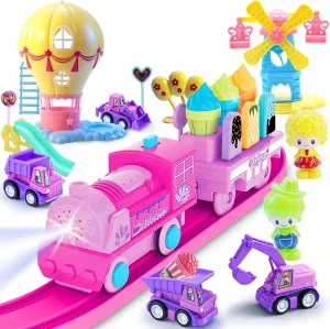 Pink Train Sets for Toddlers,Musical Electric Train Toys,44 Pcs Ice Cream Trains Toy with Battery Operated & Tracks (Magnetic Connection) Birthday Gifts for 3 4 5 6 Year