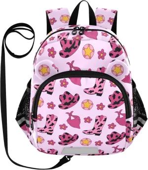 Plaaee Retro Cowgirl Pink Boots Hat Toddler Backpack Harness Leash Kids Back Pack Harnesses Leashes Tether for Boys Girls Outdoor Travel S