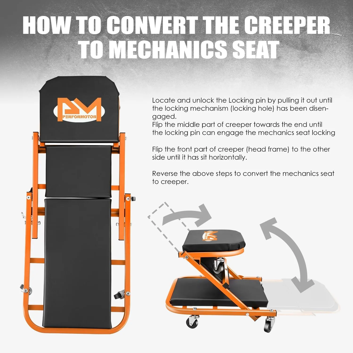 PM PERFORMOTOR 40 Inches Folding 2 in 1 Rolling Z Creeper, Adjustable Roller Garage Chair Lay Down or Sit, 6 Pcs 2" Casters, 150kg Weight Capacity, Orange,PM-TOL-CPS40-OG