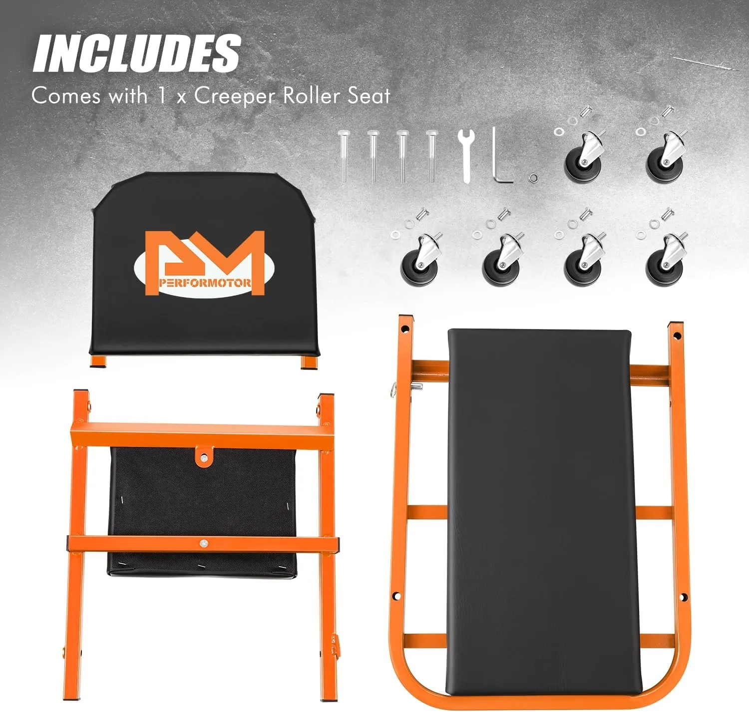 PM PERFORMOTOR 40 Inches Folding 2 in 1 Rolling Z Creeper, Adjustable Roller Garage Chair Lay Down or Sit, 6 Pcs 2" Casters, 150kg Weight Capacity, Orange,PM-TOL-CPS40-OG