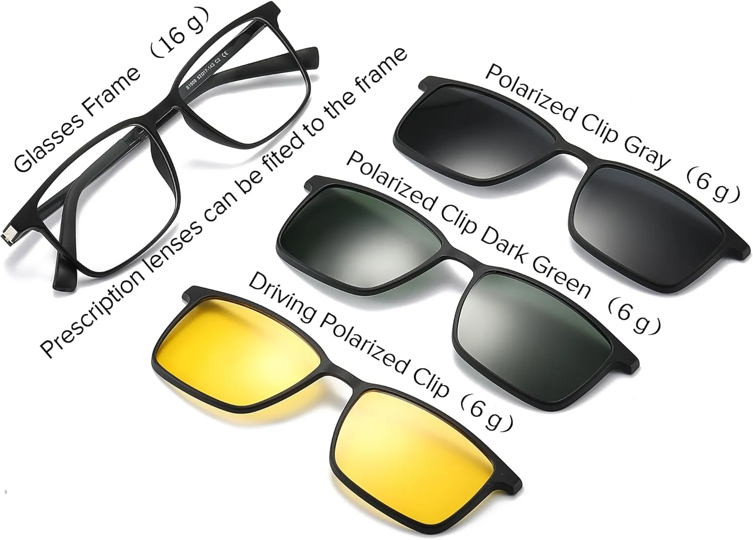 Polarized Magnetic Clip on Sunglasses for Eyeglasses Men UV Protection Driving Anti Glare Glasses Rectangle Black