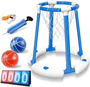 Pool Basketball Hoop Set, Floating Pool Basketball Game with Scoreboard & Whistle, Swimming Pool Toy Basket Ball Goal Poolside, Summer Indoor Outdoor Water Play Toy for Kids & Adults