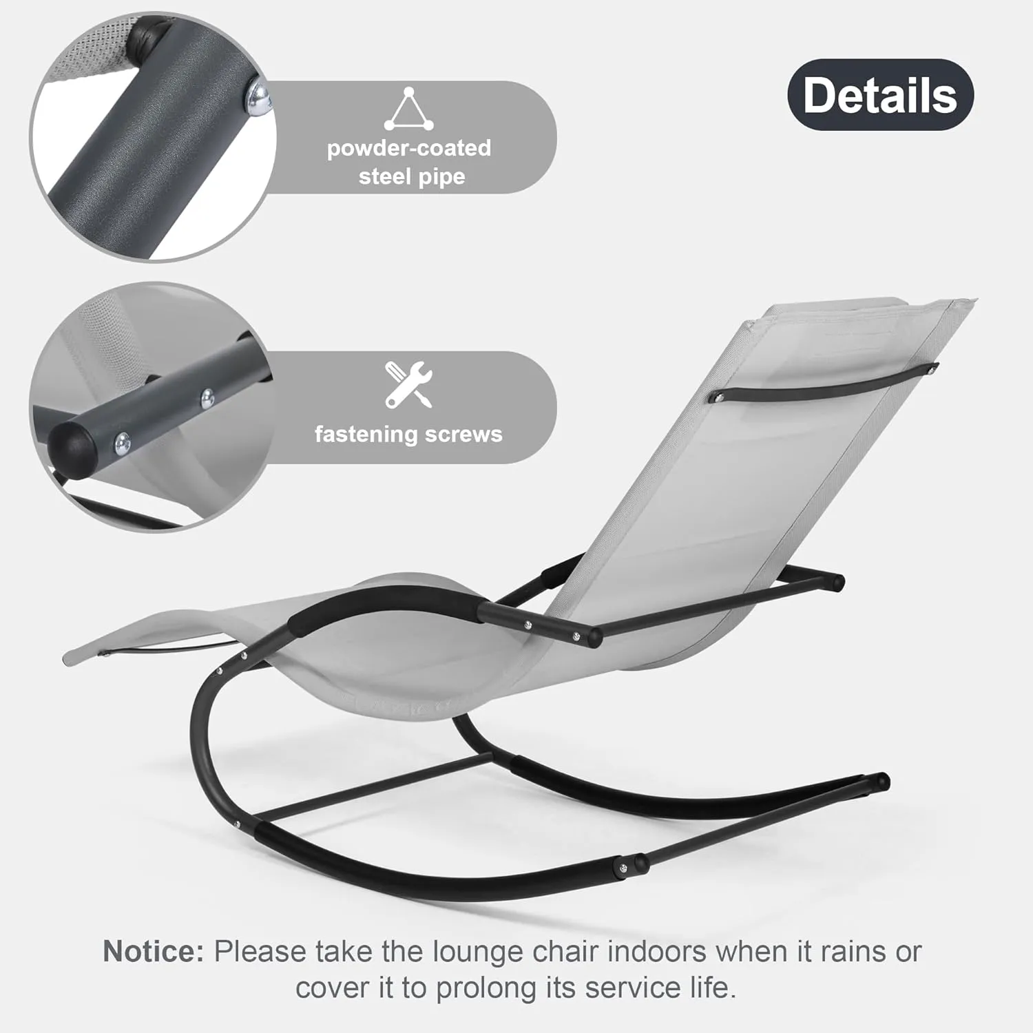 Pool Lounge Chairs, Chaise Lounge Chairs for Outside Pool & Patio & Lawn, Lounge Patio Chairs Set of 2 with Detachable Pillow, Light Grey