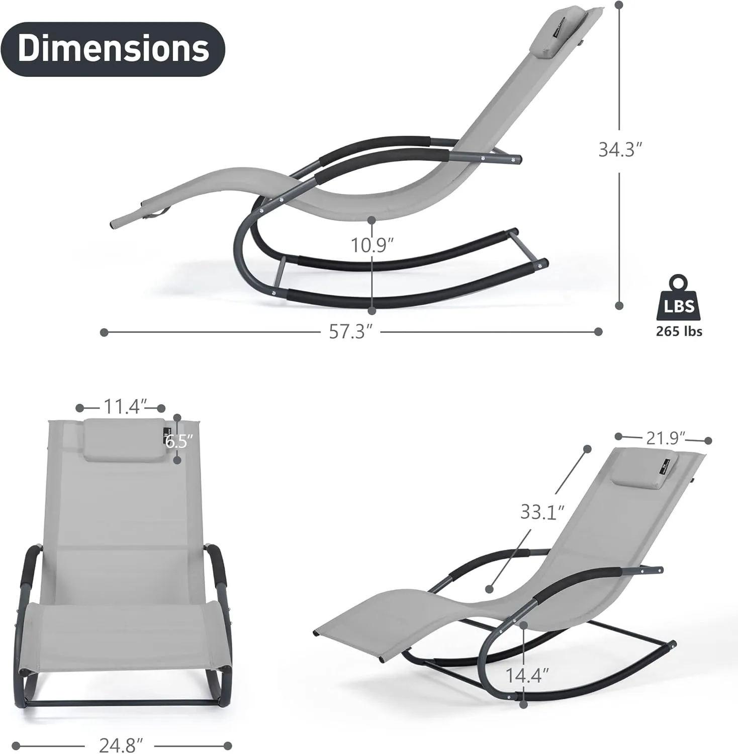 Pool Lounge Chairs, Chaise Lounge Chairs for Outside Pool & Patio & Lawn, Lounge Patio Chairs Set of 2 with Detachable Pillow, Light Grey