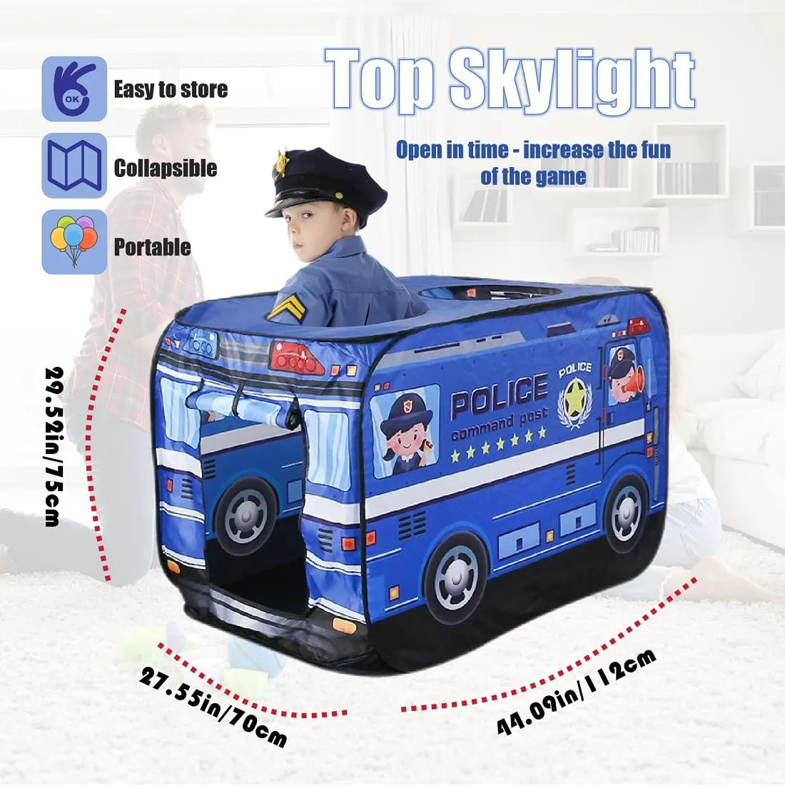 Pop Up Tent for Kids.Police car Tent.Large, Easy to Organize Police Toys.Police Gear for Kids.Boys and Girls Imaginative Play.Indoor Outdoor Pretend Play