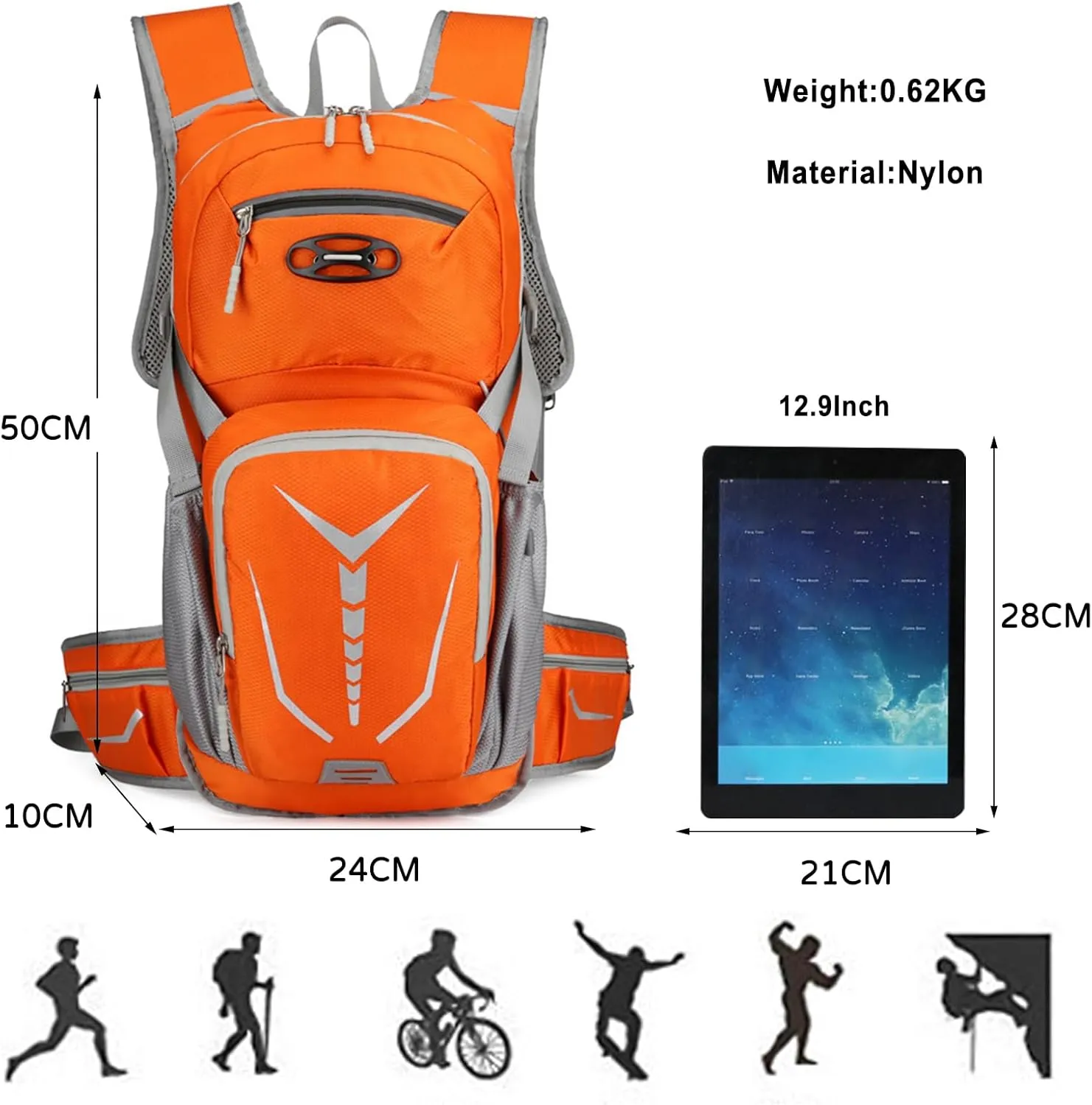 PORRASSO Hiking Backpack Waterproof Daypack 20L Rucksack Breathable Backpack for Women Men Trekking Cycling Climbing Outdoor Sports Orange