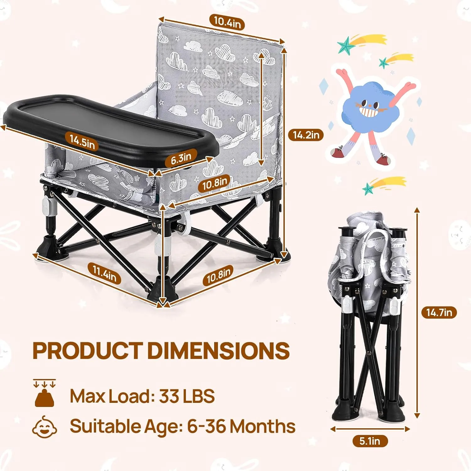 Portable Baby Chair, Baby Booster Seat for Kitchen Chair with Cloud Print, Folding Legs