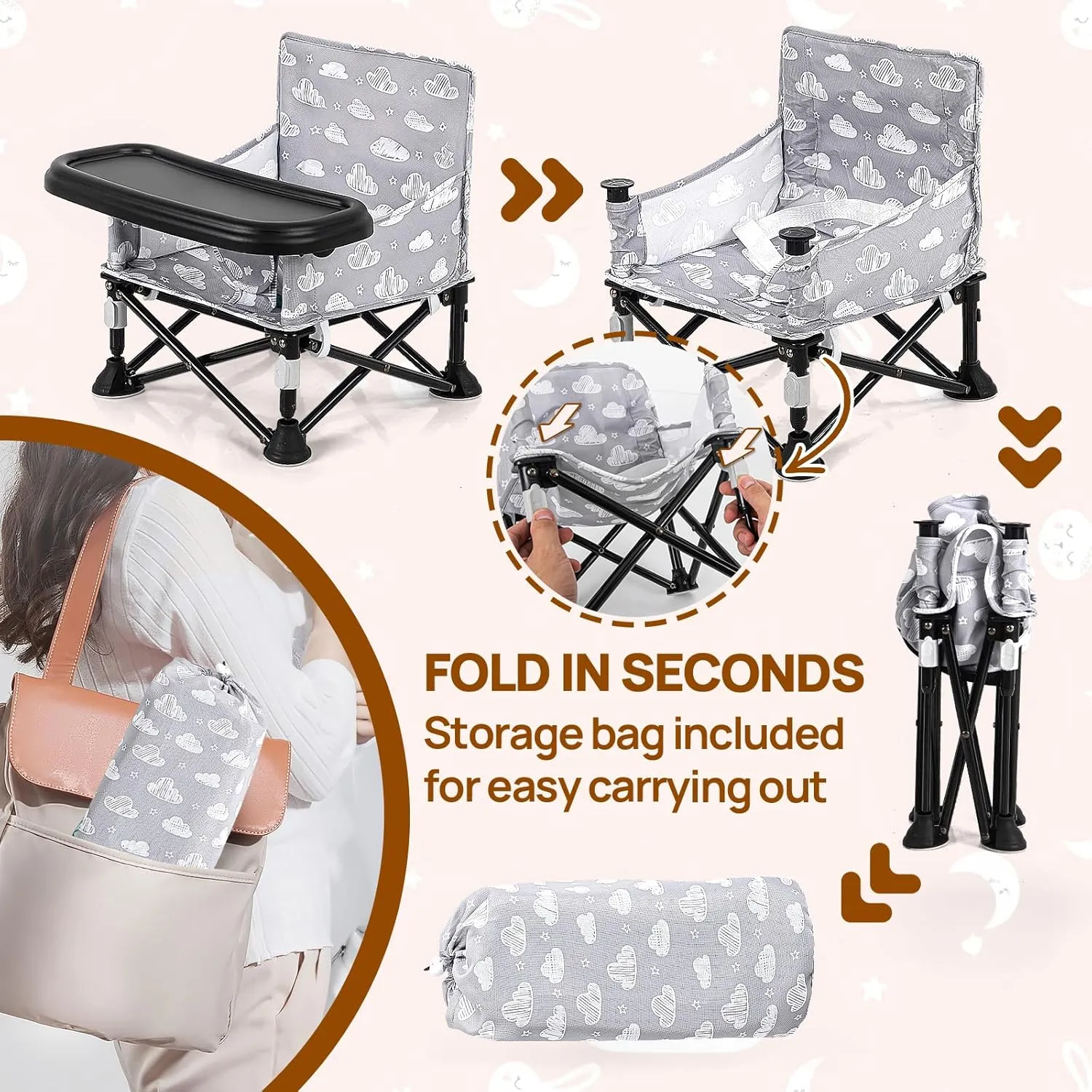 Portable Baby Chair, Baby Booster Seat for Kitchen Chair with Cloud Print, Folding Legs