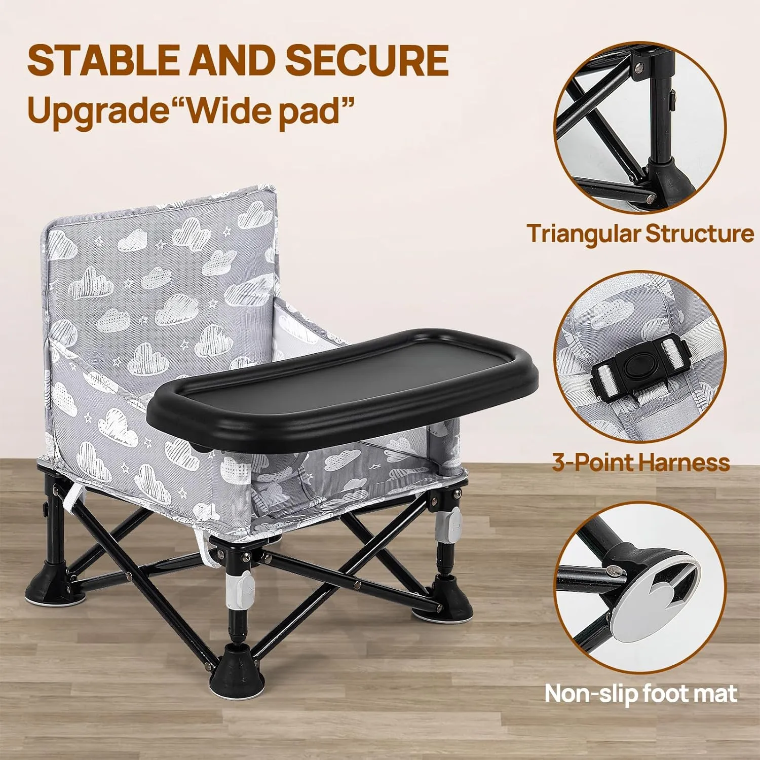 Portable Baby Chair, Baby Booster Seat for Kitchen Chair with Cloud Print, Folding Legs