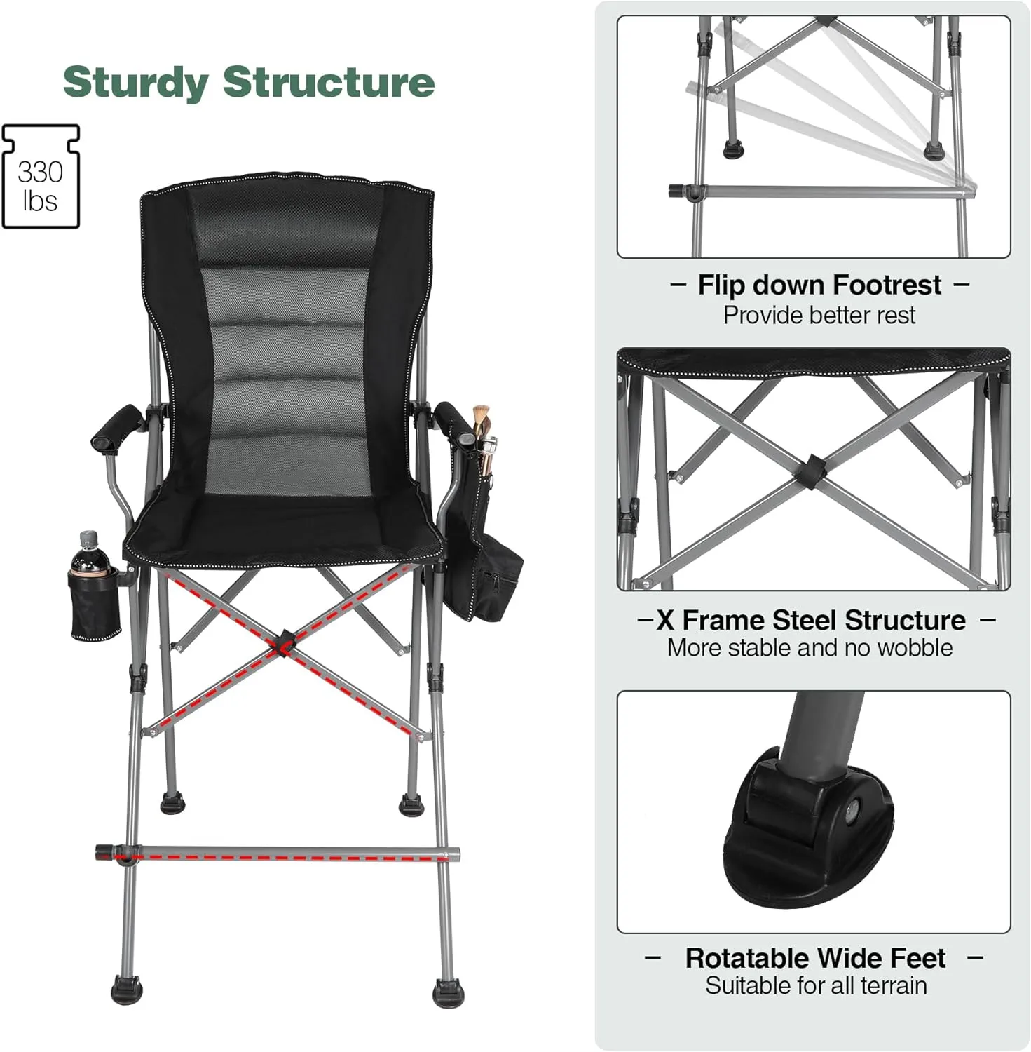 Portable Bar Height Foldable Director Chairs for Adults 330lbs, Extra Tall Folding Chairs for Camping Outside, Comfortable with Makeup Pocket, High Back and Footrest, Black