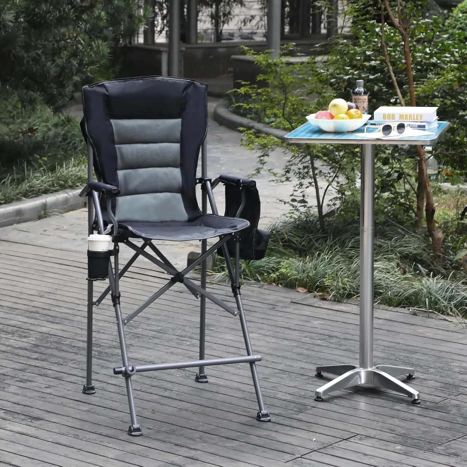 Portable Bar Height Foldable Director Chairs for Adults 330lbs, Extra Tall Folding Chairs for Camping Outside, Comfortable with Makeup Pocket, High Back and Footrest, Black
