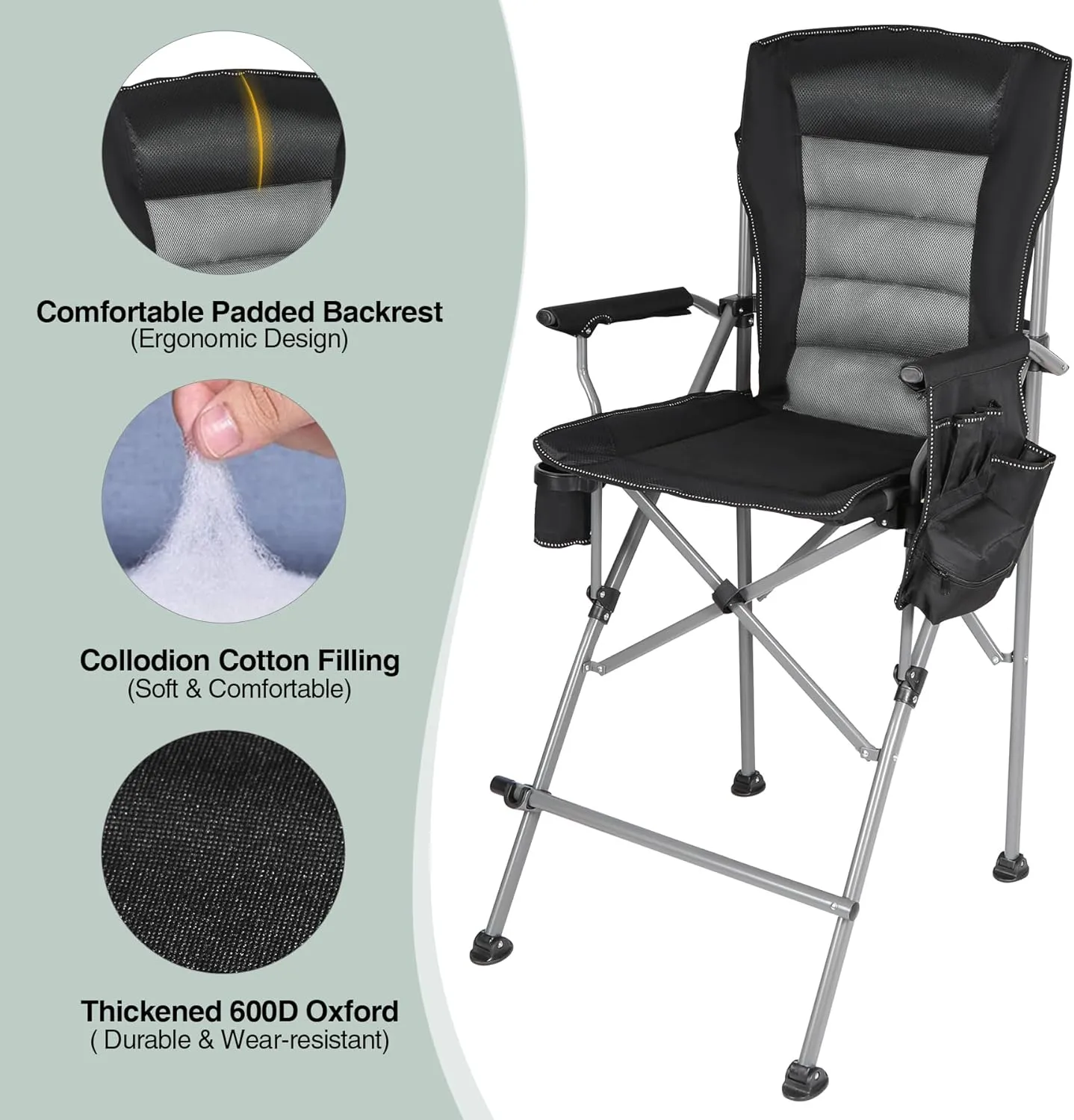 Portable Bar Height Foldable Director Chairs for Adults 330lbs, Extra Tall Folding Chairs for Camping Outside, Comfortable with Makeup Pocket, High Back and Footrest, Black