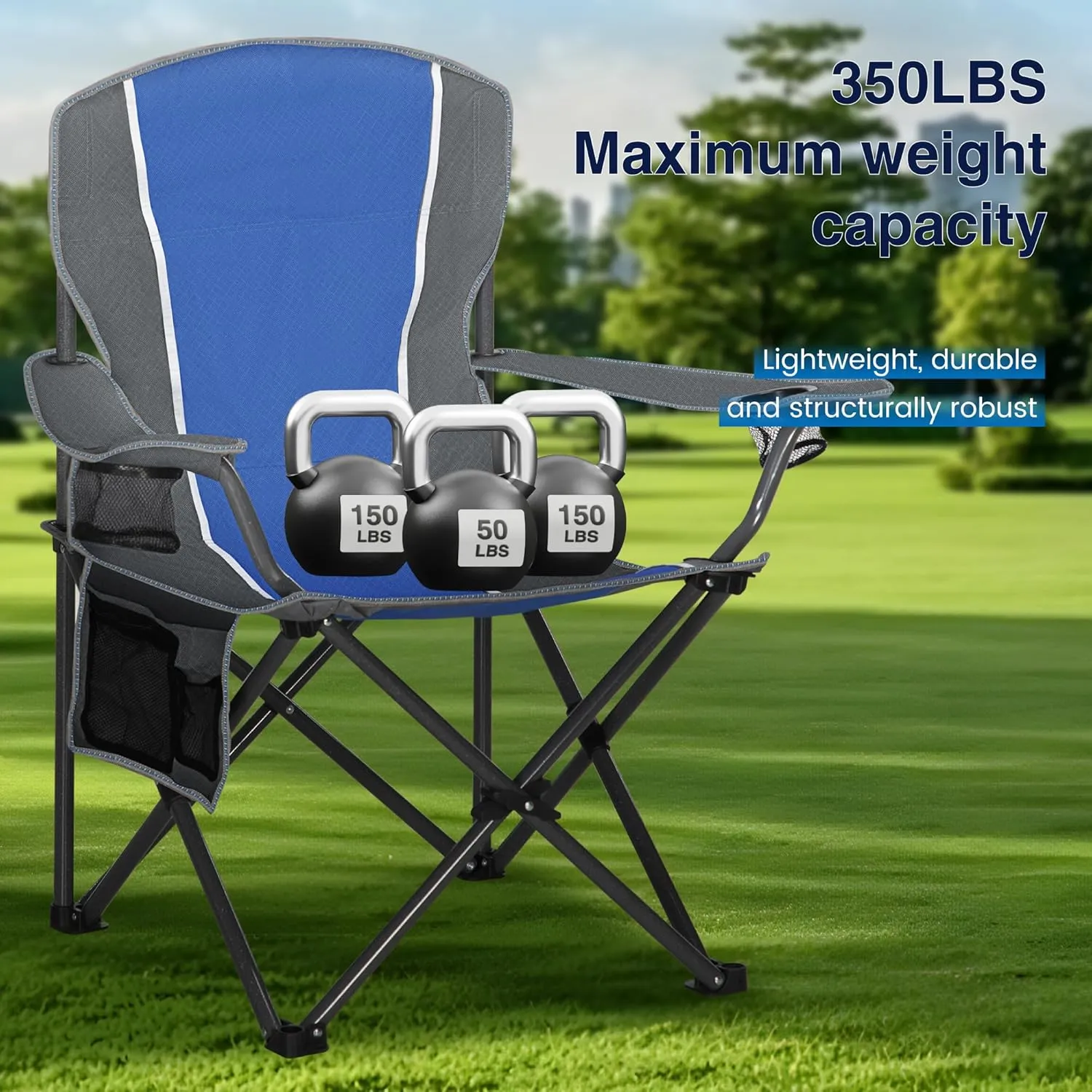 Portable Camping Chair, Heavy Duty Outdoor Folding Chair with Armrest, Foldable Camp Chair with Cup Holder, Portable Lawn Chair for Adults Support 350 LBS, Blue-Gray