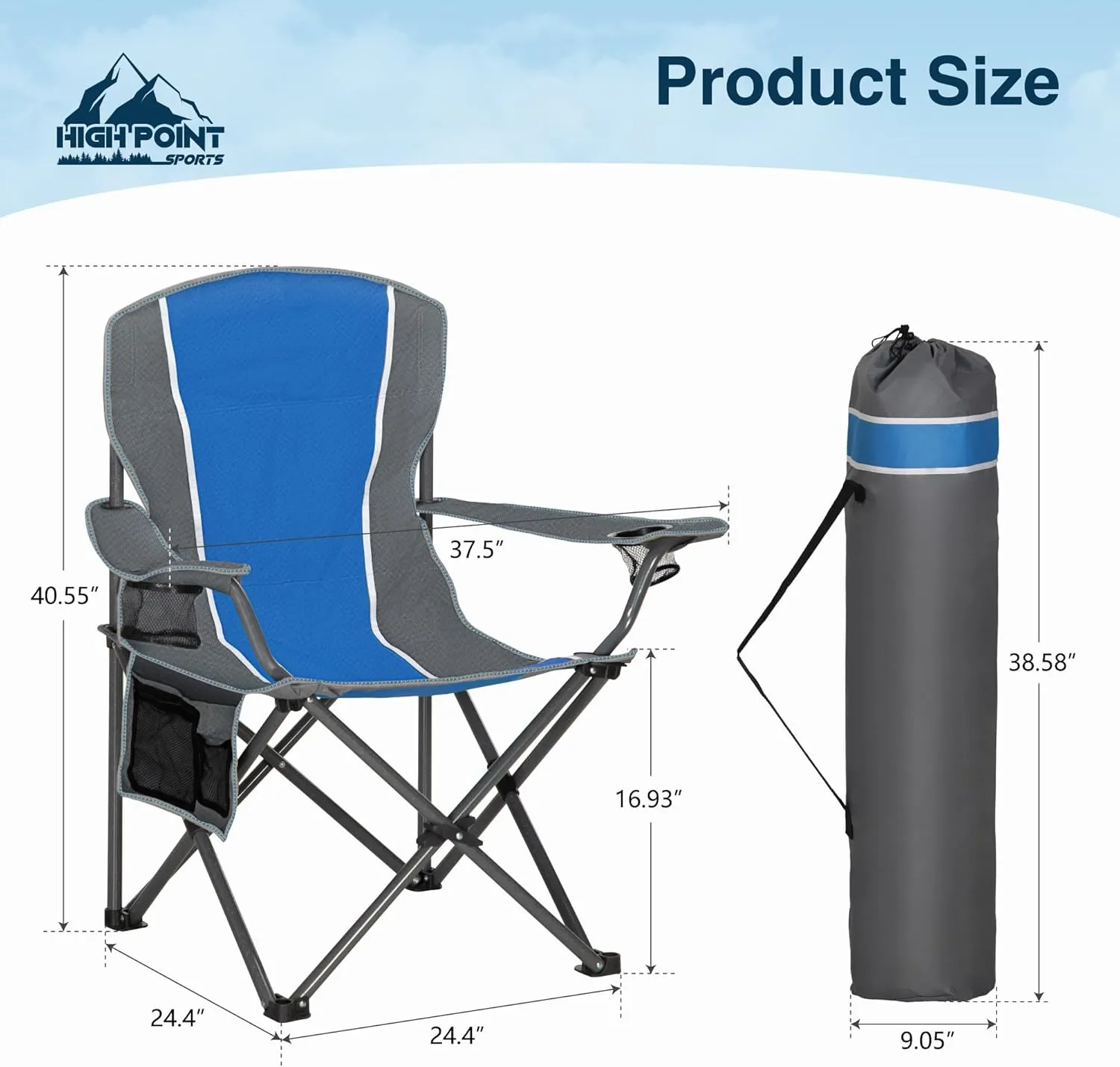 Portable Camping Chair, Heavy Duty Outdoor Folding Chair with Armrest, Foldable Camp Chair with Cup Holder, Portable Lawn Chair for Adults Support 350 LBS, Blue-Gray