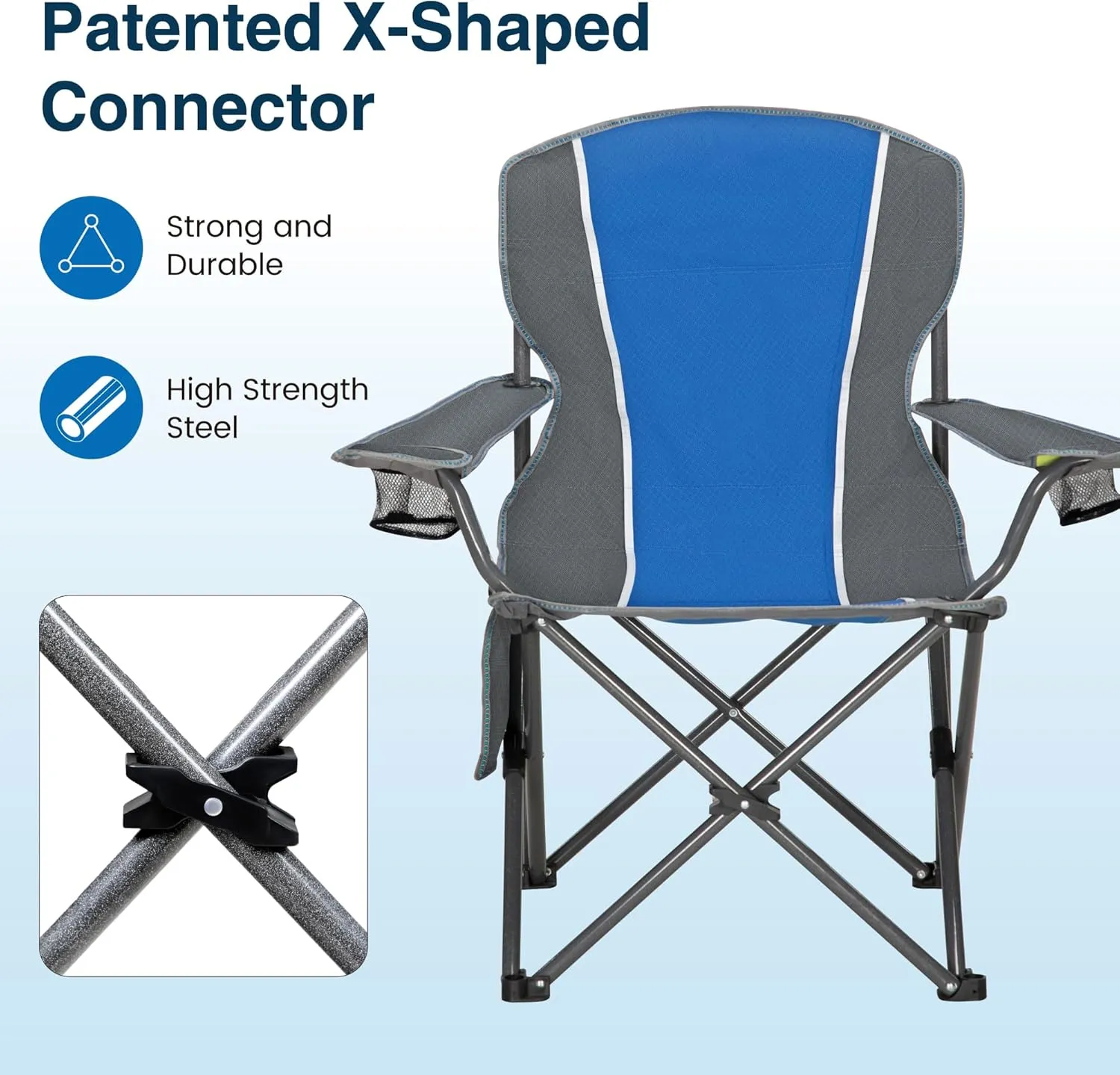 Portable Camping Chair, Heavy Duty Outdoor Folding Chair with Armrest, Foldable Camp Chair with Cup Holder, Portable Lawn Chair for Adults Support 350 LBS, Blue-Gray