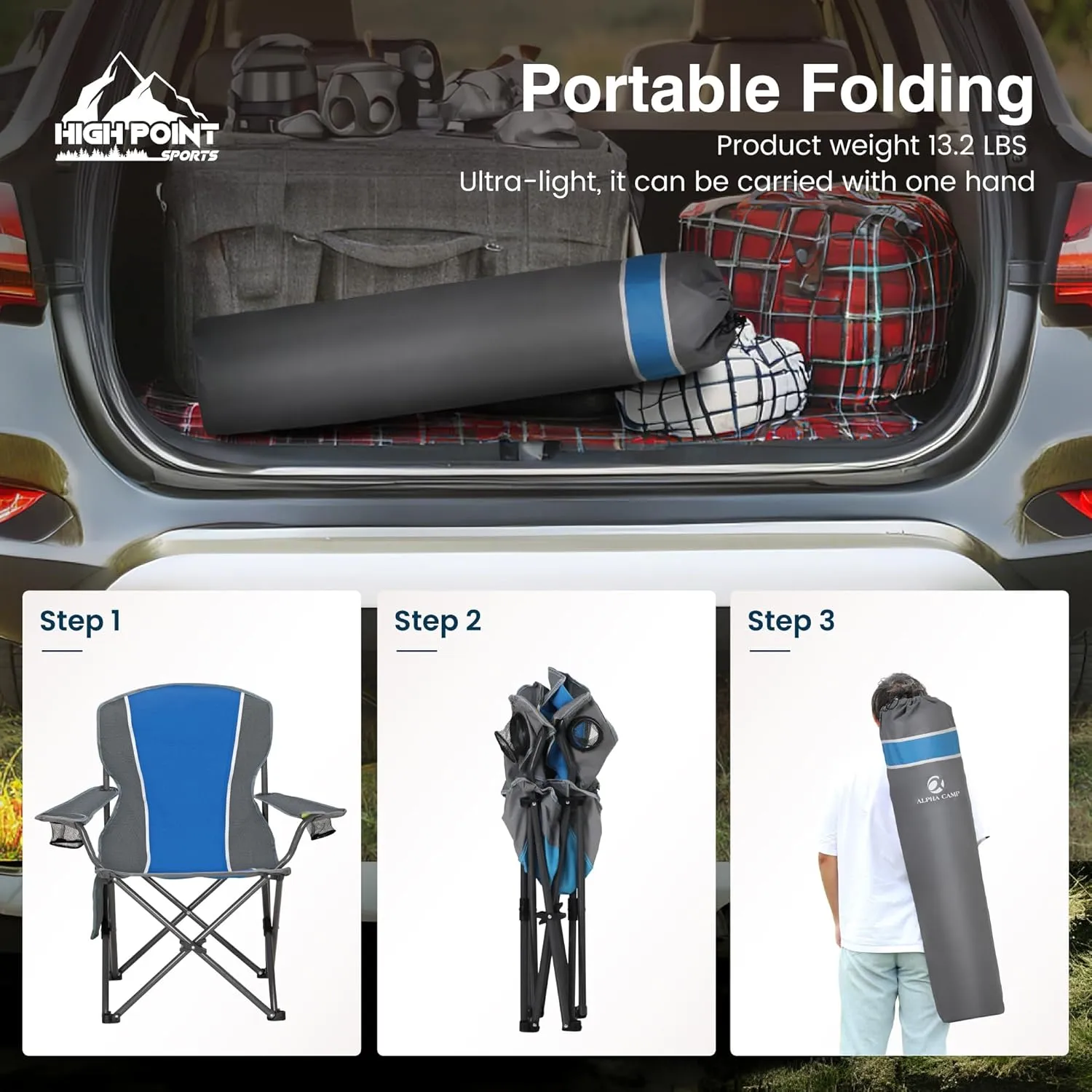 Portable Camping Chair, Heavy Duty Outdoor Folding Chair with Armrest, Foldable Camp Chair with Cup Holder, Portable Lawn Chair for Adults Support 350 LBS, Blue-Gray