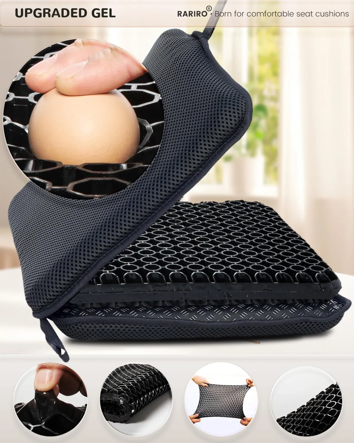 Portable Gel Seat Cushion, Up to 20.5" Foldable Travel Cushion for Home, Office Chair, Bleacher, Folding Egg Gel Pads for Stadium, Travel, Camping, Chair Pads for Pressure Relief[Black]