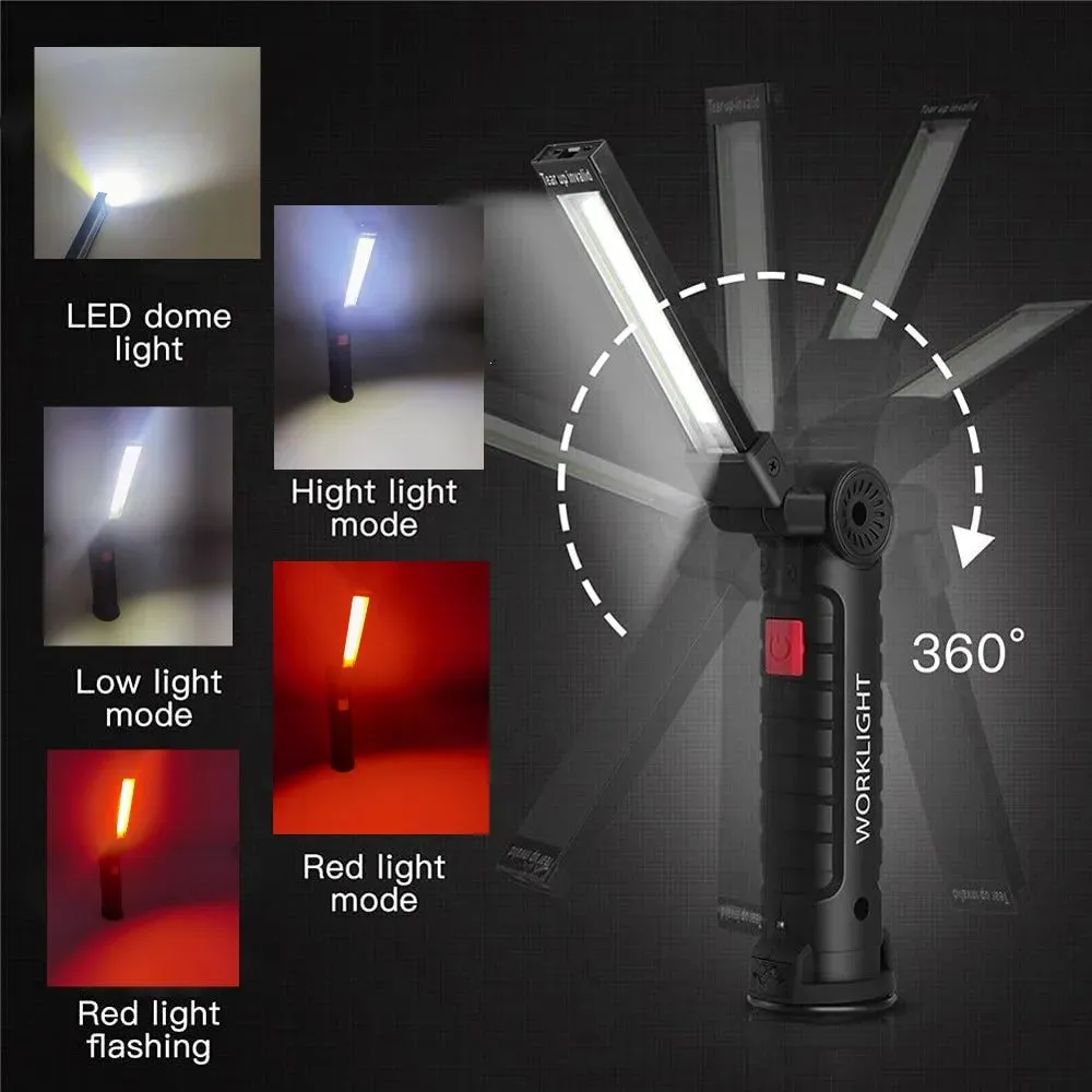 Portable LED Flashlight USB Rechargeable Work Light with Magnetic Base and Hanging Hook