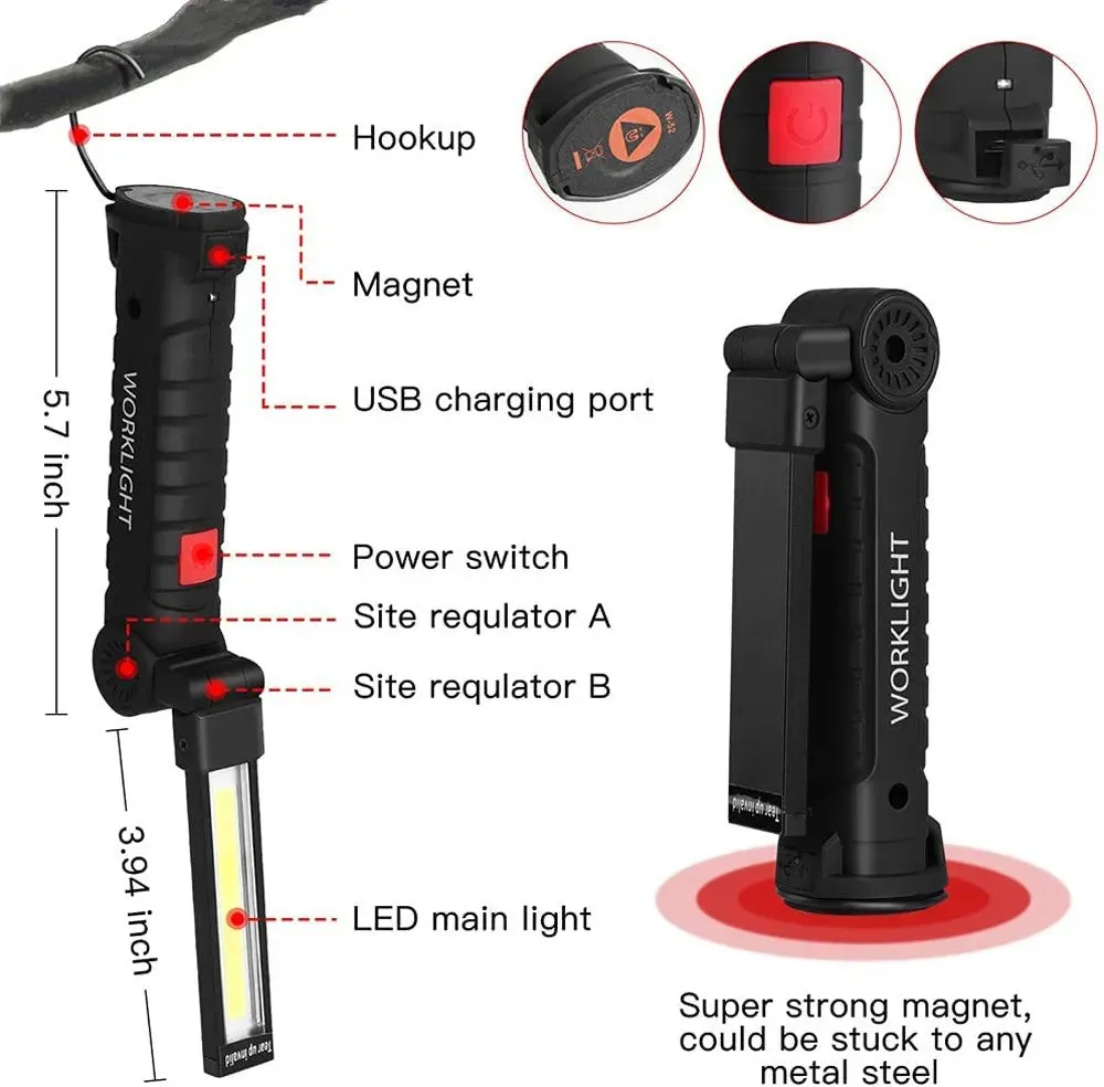 Portable LED Flashlight USB Rechargeable Work Light with Magnetic Base and Hanging Hook
