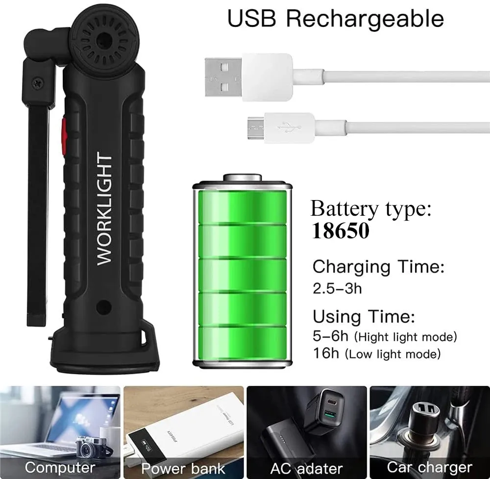 Portable LED Flashlight USB Rechargeable Work Light with Magnetic Base and Hanging Hook