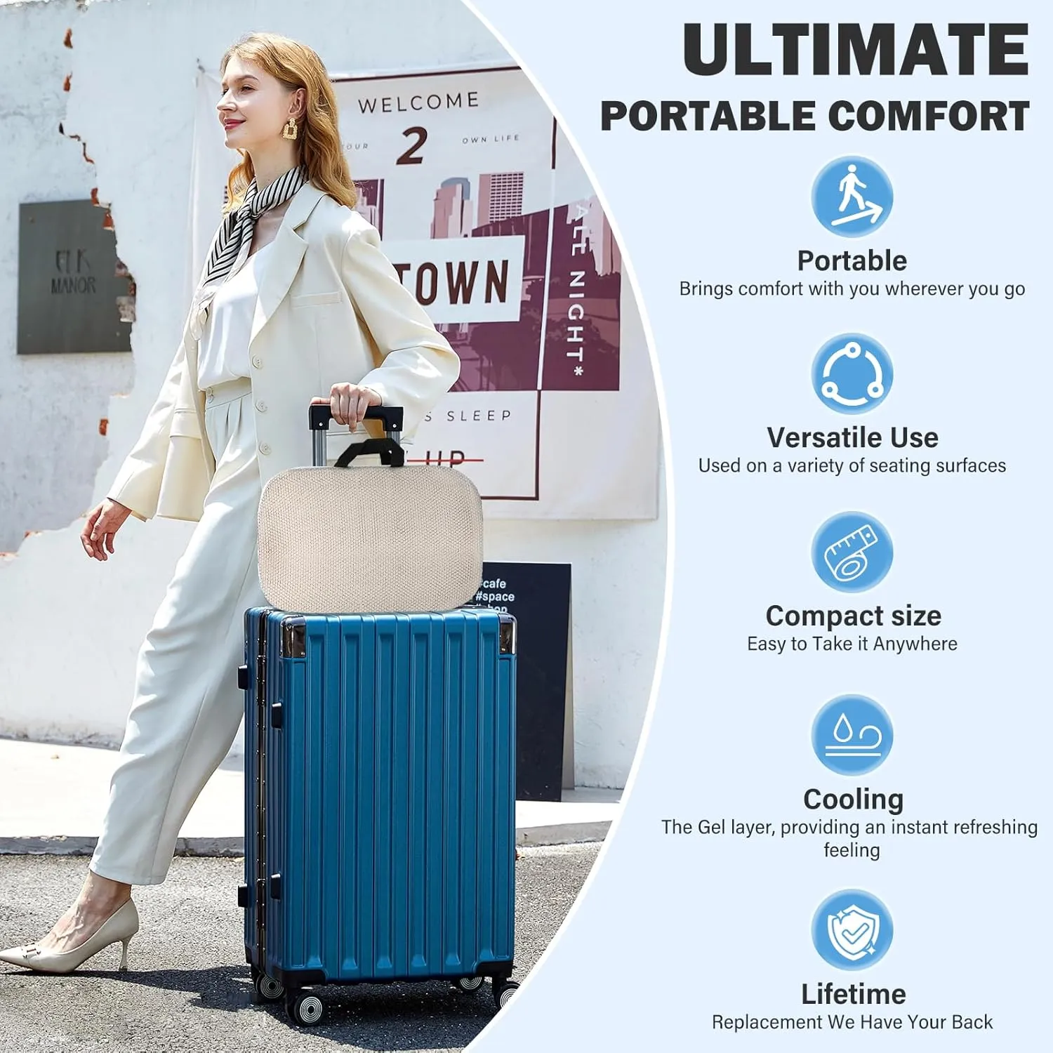 Portable Memory Foam Travel Seat Cushion,Thick Non-Slip Cooling Airplane Seat Cushion for Long Sitting Pressure Relief for Long Flights Travel,Commute, Airplanes, Camping,Office