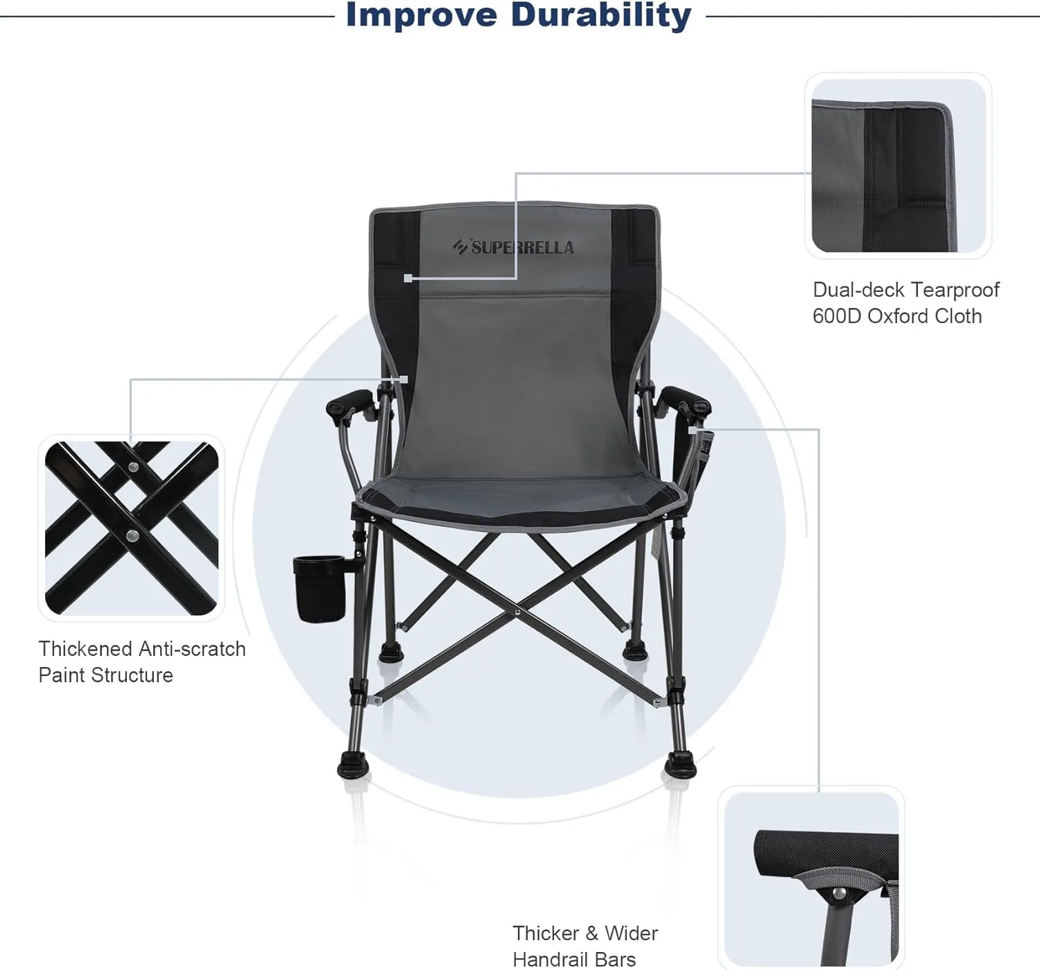 Portable Outdoor Folding Camping Chair Heavy Duty Camp Chair with Storage Bag for Outside Activities, Black Grey
