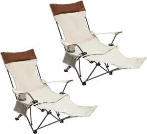 Portable Reclining Camping Chair with Cup Holders & Storage Bag & Removeable Foot Rest Foldable Portable Lawn Beach Fishing Chair for Outdoor Activities, 2PCS