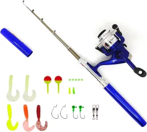 Portable Small Mini Pen Fishing Rod and Spinning Reel Combo, Pocket Size, 38inches Telescopic Fishing Pole with Hook Line Bait for Lake River Raft Ice Fishing etc (Blue, 38inchs/1M)