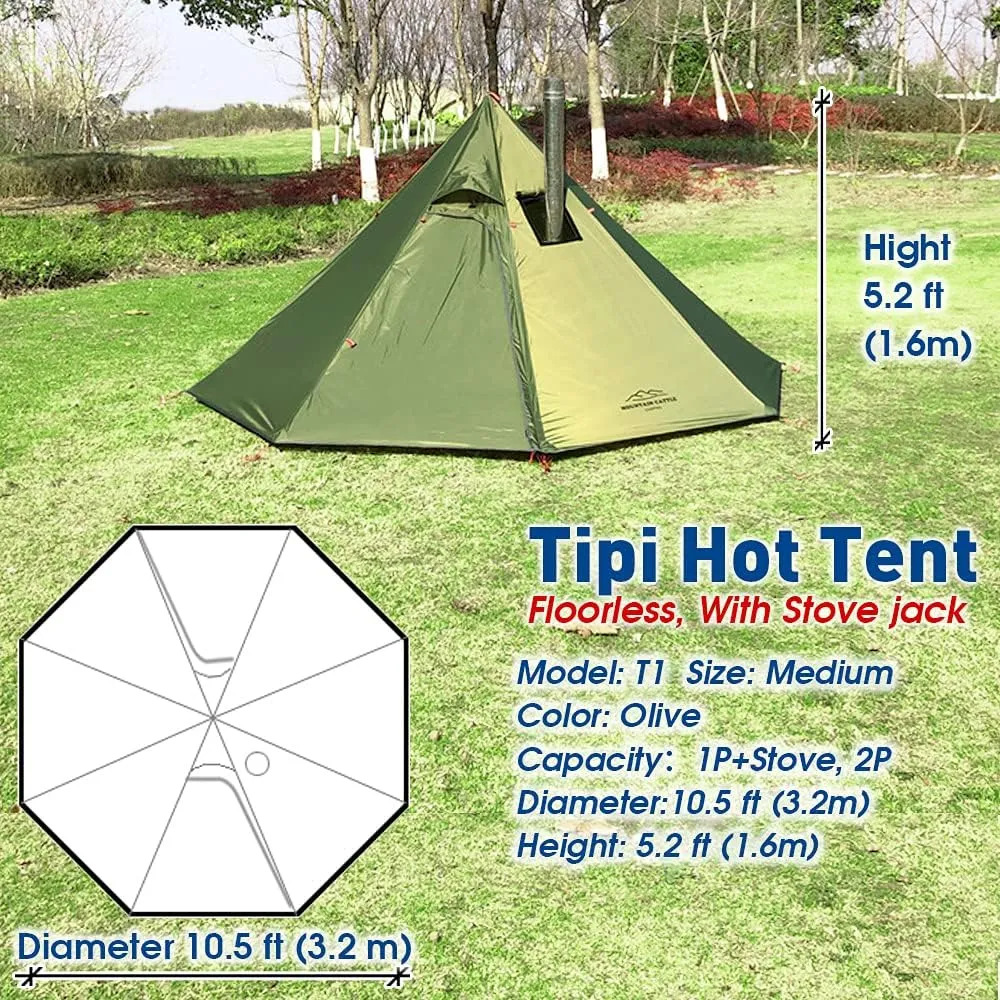 PRESELF 3 Person Lightweight Tipi Hot Tent with Fire Retardant Flue Pipes Window Teepee Tents for Family Team Outdoor Backpacking Camping Hiking