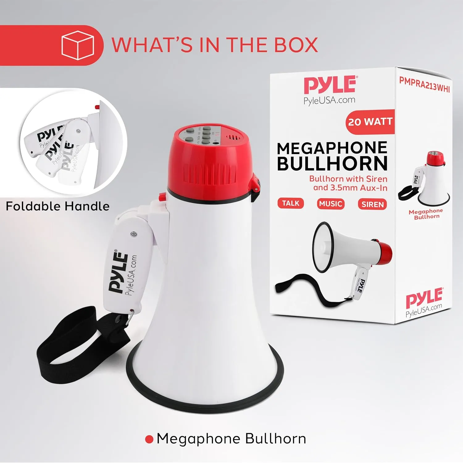 Pyle 20W Megaphone Bullhorn Speaker – Portable Handheld Loud Speaker with Adjustable Volume & Siren – Compact, Powerful Bull Horn for Announcements, Events, Sports & Public Address