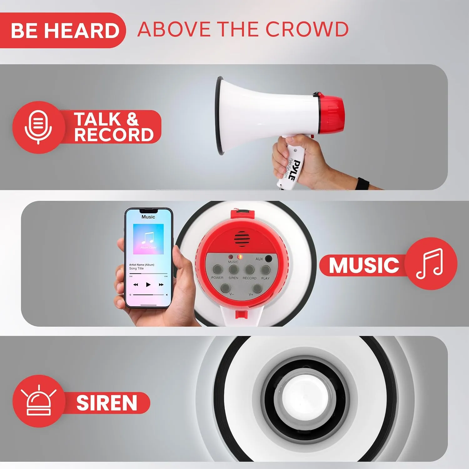 Pyle 20W Megaphone Bullhorn Speaker – Portable Handheld Loud Speaker with Adjustable Volume & Siren – Compact, Powerful Bull Horn for Announcements, Events, Sports & Public Address