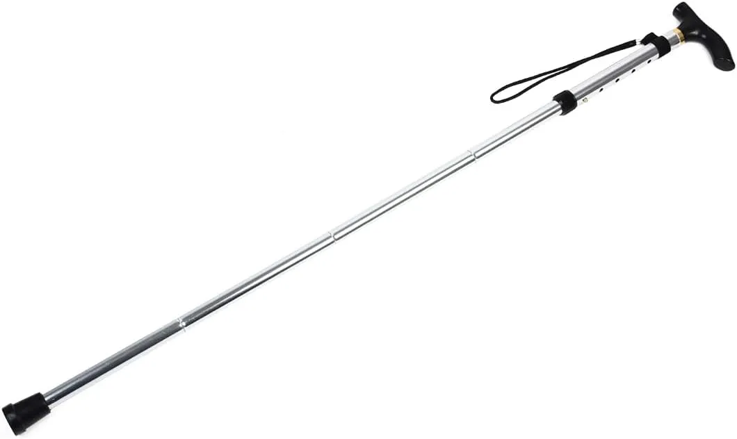 Qtqgoitem Walking Stick, Adjustable Collapsible Extendable, Folding Cane 4 Sections Telescoping, Trekking Pole Silver Tone (Model: bc2 b41 f23 df5 770)