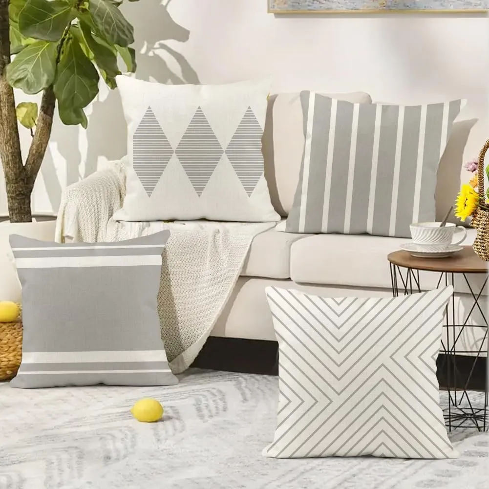 RABUSOFA Outdoor Pillow Covers 20x20 inch Waterproof,Gray and White Boho Set of 4 for Patio Furniture Sunbrella Couch(2G-20) (Grey and White, 20" x 20" (Pack of 4))